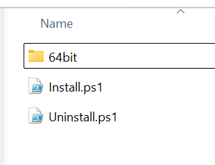 Windows folder containing a 64bit driver directory, Install.ps1 and Uninstall.ps1